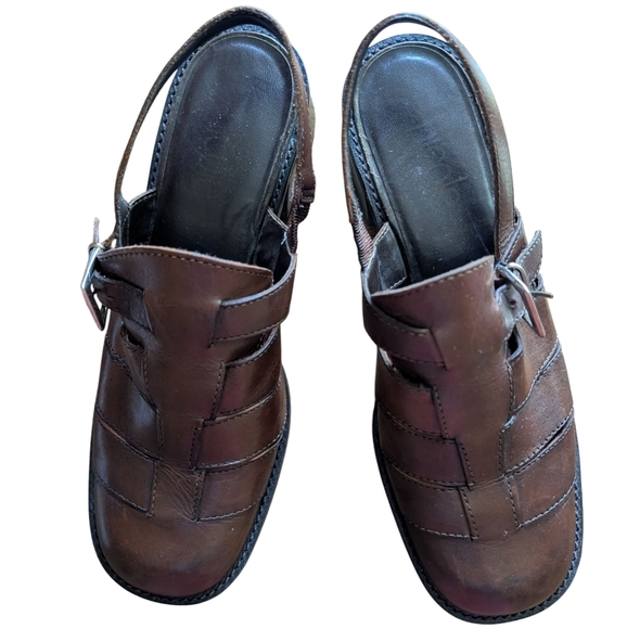 Nicole Pixie Fisherman Leather Sandals Vintage Block Heels Slingbacks Sz 10 - Picture 3 of 10